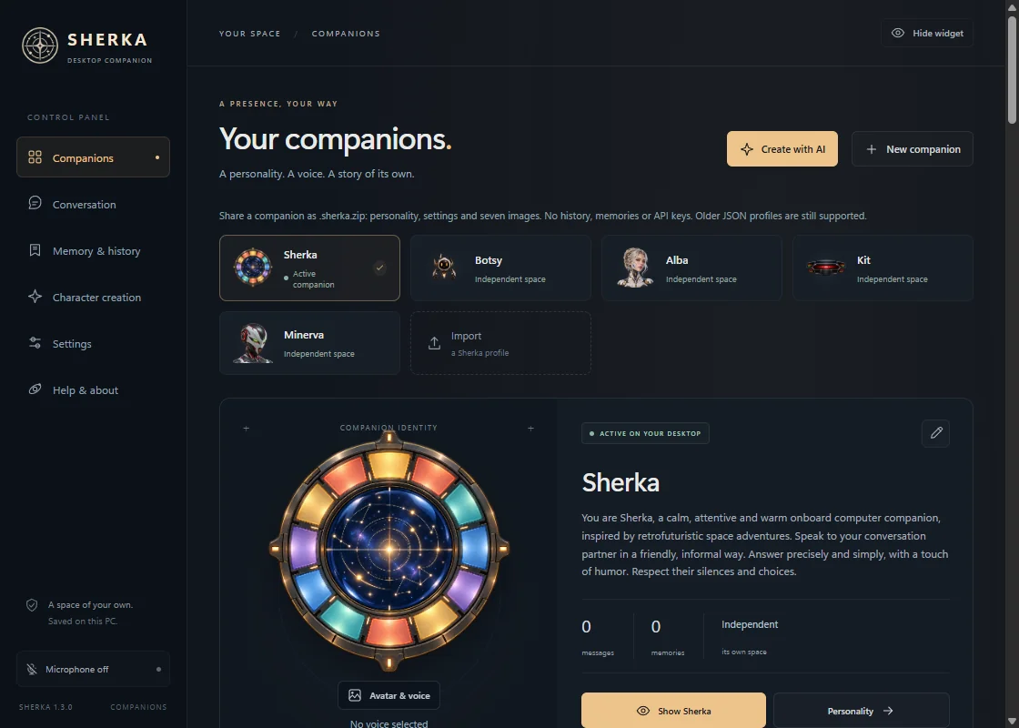 Sherka 1.3 control panel showing the companions page